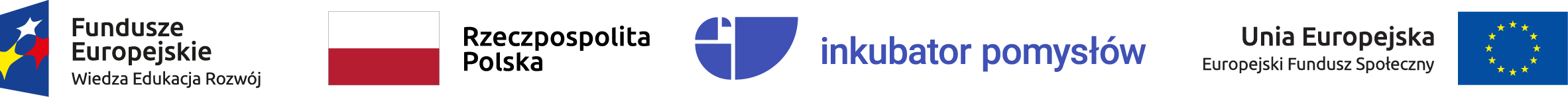 Logo Funduszy Europejskich, Europejskiego Funduszu Społecznego i Inkubatora pomysłów oraz flaga Rzeczpospolitej Polskiej